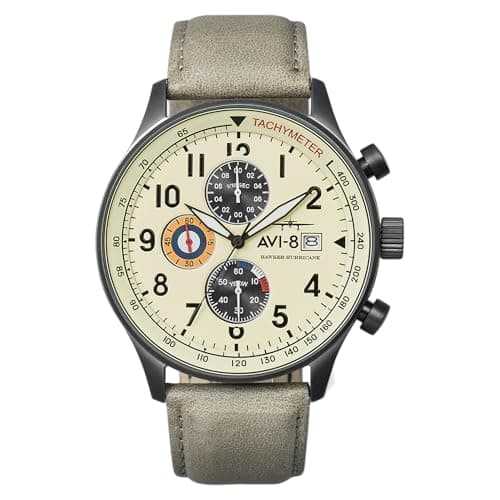 Image of AVI-8 Hawker Hurricane Mens Watch - 42mm Stainless Steel Case, Japanese Quartz Movement, Genuine Leather Strap, Watches for Men, Classic Chronograph, Cream Beige - AV-4011-0C