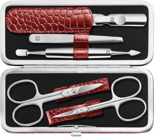 Image of ZWILLING Manicure Set (5 piece, for fingernail and toenail care, genuine leather case with metal frame), Polished Stainless Steel, Crocodile Edition, Red