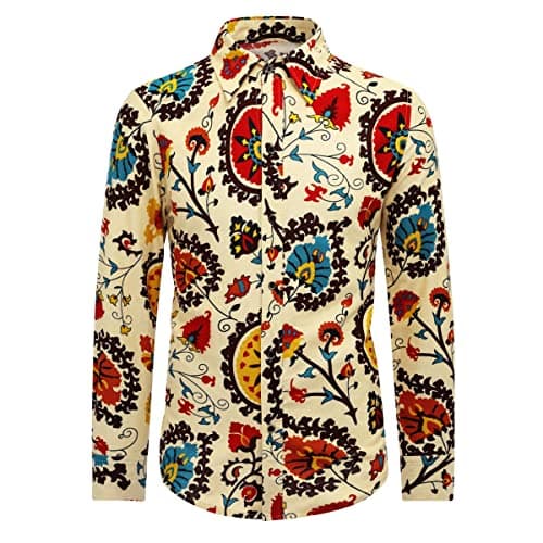 Image of Allthemen Mens Dress Shirts Long Sleeve Funky Printed Linen Shirt Casual Shirt Fancy Floral Tops Unique Pattern, Leaves, XL