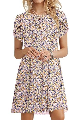 Image of PLOKNRD Summer Dresses for Women UK Elegant Petal Short Sleeve T-Shirt Dress Crew Neck Casual Loose Swing Holiday Beach Dress with Pockets(Floral Pink,M)