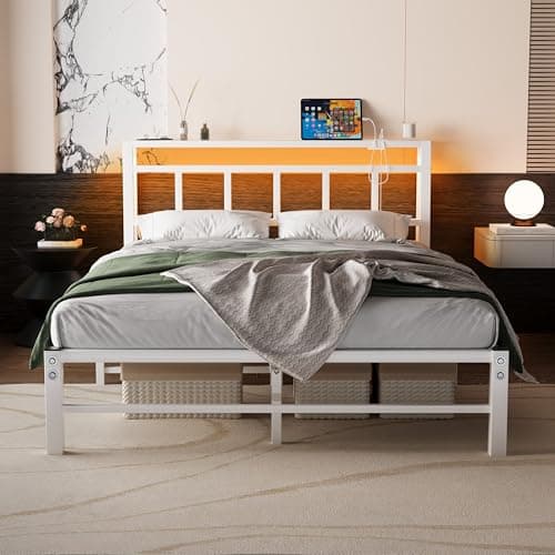 Image of VECOCHO Double Bed Frame with Storage Headboard,4ft6 Bed Frame Double Bed Base with Charging Station and LED Lights,Metal Platform Double Bed 135x190,Mattress Base No Box Spring Needed,No Noise,White