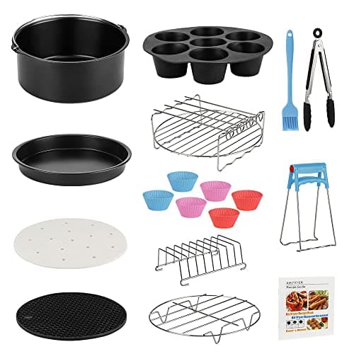 Image of Air Fryer Accessories Set, 13pcs Air Fryer Accessory Kit for Most 3.8-5.5L Air Fryers with Recipes, Cake Pan, Pizza Pan, Stainless Steel Air Fryer Rack with 4 Skewers, Toast Rack, Egg Bites Mold etc.