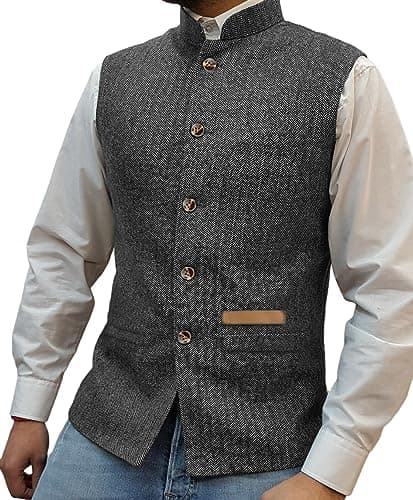 Image of Yiaisafa Mens Mock Neck Vests Tweed Waistcoats Stand-up Herringbone Retro Groomsman Lined Vintage Wool Wedding Hunting (Grey,L)