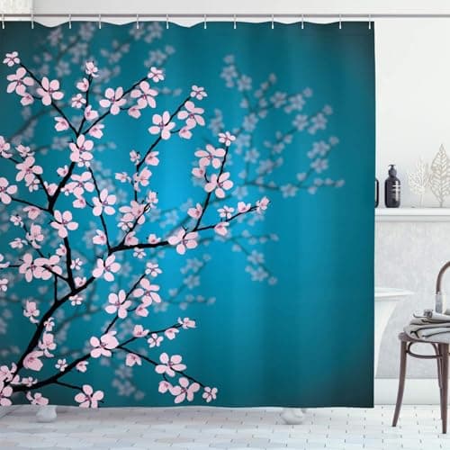 Image of FAIRYGATE Green Shower Curtain Cherry Blossom 180x180 Pink Floral Shower Curtains Japanese Asian Style Sakura Art Bathroom Curtains with Hooks Waterproof Washable Bath Curtains for Wet Room B8710