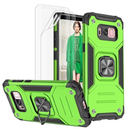 Image of Jeylly for Galaxy S8 Case with 2 Pack Screen Protector, Full Body Shockproof Heavy Duty Rugged Carrying Armor Combo Case With 360 Ring Kickstand for Samsung Galaxy S8, Green