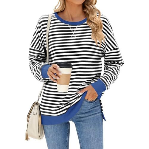 Image of AGYMNX Oversized Striped Sweatshirt Women Long Sleeve Tops Crew Neck Jumper Casual Loose Blouses Womens Sweatshirt Striped Color Block Y2k Casual Knit Pullover black and white stripes XL