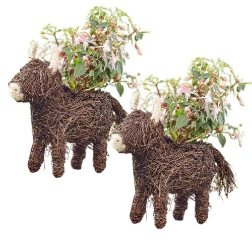 Image of Garden Mile Set of 2 Garden Highland Cow Planter Novelty Plant Pot Rattan Outdoor Planter Animal Themed Flower Planters Cow Rattan Straw Plant Pots Outdoor Patio Decoration