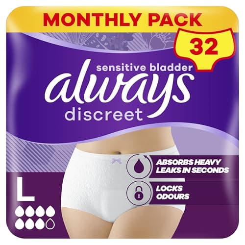 Image of Always Discreet Incontinence Pants Women Large, UK Size 16-22, White, Absorbency 7, 32 Underwear , Disposable Maternity Knickers (8 x 4 Packs), Heavy Bladder Leak Protection , Maternity Postpartum