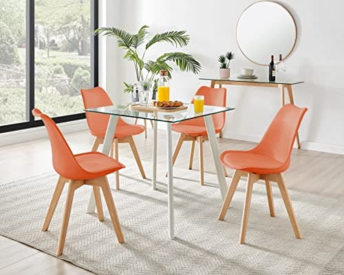 Image of Furniturebox UK Seattle Glass and White Leg Square Dining Table & 4 Orange Stockholm Wooden Leg Chairs