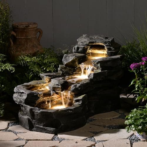 Image of Bumilgar 94 cm Large Garden Water Features, 5-Tiers Rock Natural Waterfall Outdoor Fountains with LED Lights for Patio, Porch, Home Art Decor