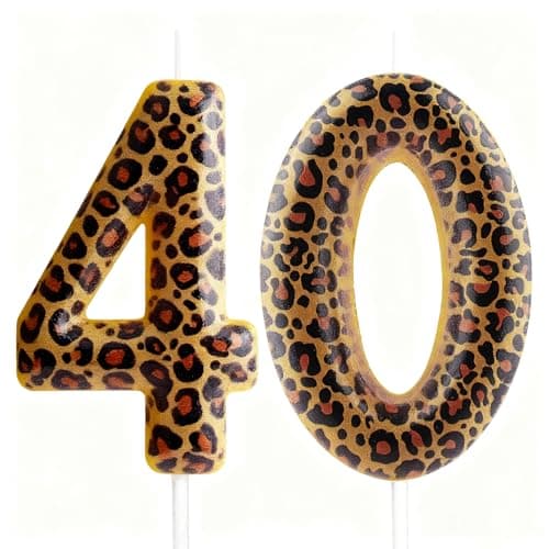 Image of Yiran Leopard Print Birthday Candles Number 40, Realistic Leopard Printing Birthday Number Candles, Wild Onez Zoo Animals Themed Candle Cake for Boys and Girls Gifts Anniversary Party Supplies