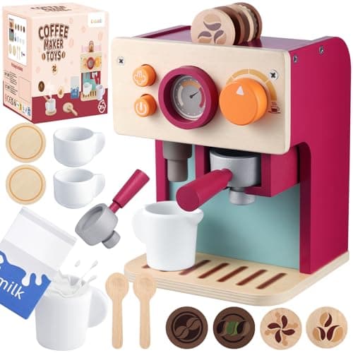 Image of GAGAKU Wooden Coffee Machine Toy for Toddlers, Montessori Learning Toys for 3 4 5 Year Old Girls & Boys, Realistic Pretend Play Kitchen Accessories with Espresso Maker & Latte Art Set