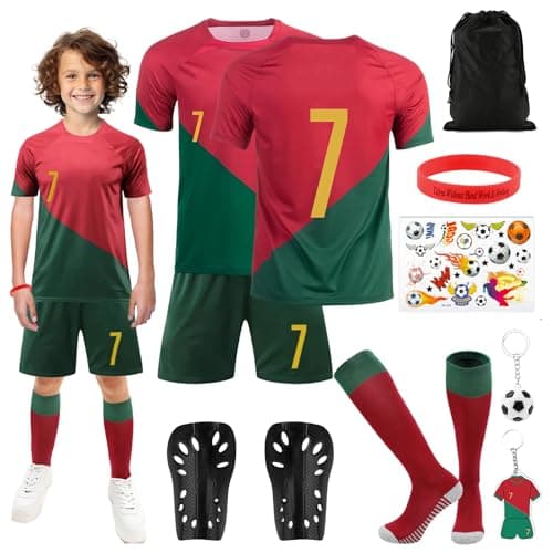 Image of Kitimi Football Kits for Kids, Football Training Shirts Shorts Socks Guard Plate and Keychain, Home Away Soccer Jerseys for Training, Gifts for No.7 & 10 Boys Fans