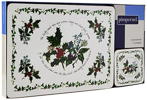 Image of Pimpernel Set of 6 Placemats & Coasters - Cork-Backed Table Mats, The Holly and The Ivy Floral Design with Heat Resistance & Stain Protection for Everyday Dining