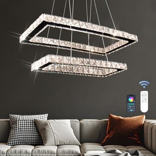 Image of Modern Crystal Chandeliers with Remote, 20.5'' Dimmable 2 Rings Rectangular LED Crystal Chandelier Adjustable Height, Island Light Pendant Light for Kitchen Dining Room Living Room (Multicolored)