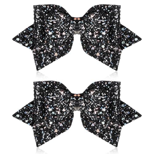 Image of 2 Pcs Black Hair Bow Clips, 5 Inch Glitter Black Hair Bows for Girls Sparkly Double Bowed Accessories Glitter Sequin Boutique Head Clip Delicate Satin Headwear Set for Birthday Wedding Party