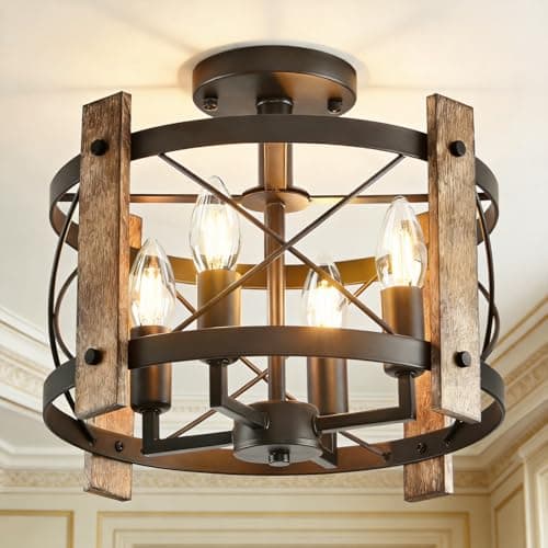 Image of SADALAK Black Chandelier Industrial Ceiling Lights, 4 Lights Hallway Lights Ceiling, Farmhouse Wood Semi Flush Ceiling Lights, Ceiling Lamp Fixture for Bathroom Kitchen Living Room E14