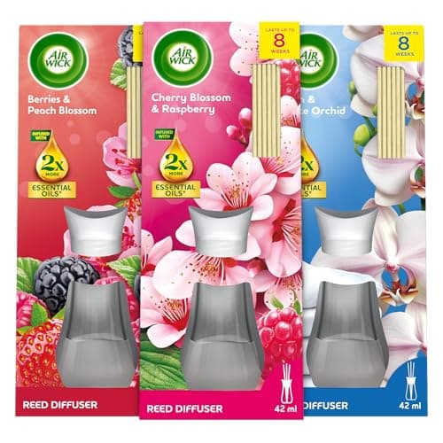 Image of Air Wick Reeds, 3 Pack 42ml | Lasts up to 8 weeks | Linen and White Orchid, Cherry Blossom & Raseberry, Berries & Peach Blossom