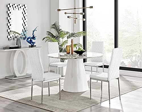 Image of Furniturebox UK Palma White Marble Effect Round Pedestal Dining Table and 4 White Faux Leather Silver Leg Milan Dining Chairs