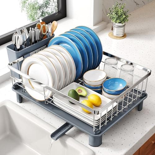 Image of SNTD Dish Drying Rack - Small Dish Rack for Kitchen Counter, Stainless Steel Dish Drainer with Utensil Holder and Drainboard, 11" W x 15" L (Silver)