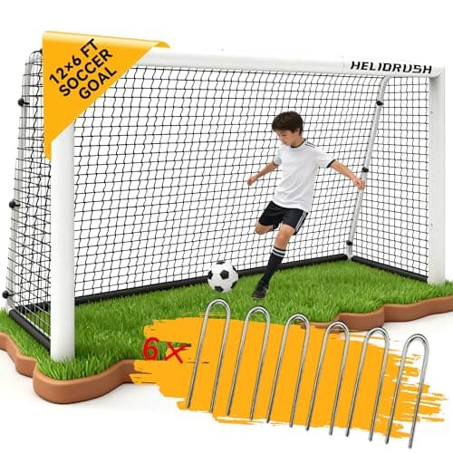 Image of HELIORUSH Football Goal for Garden, 12 x 6 ft, Heavy Duty 60mm Galvanised Steel Frame Goal Posts, 1000D Wear-Resistant Football Net with Tool-Free Quick Assembly for Kids & Adults Training
