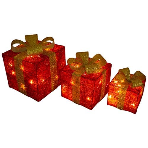Image of SHATCHI Light Up Christmas Parcels Pre-Lit Battery Operated LED Glitter Sisal/Rattan Xmas Presents Holiday Home Novelty Decorations Set of 3 – Gold/Red/Cream/Tartan, 25cm/20cm/15cm