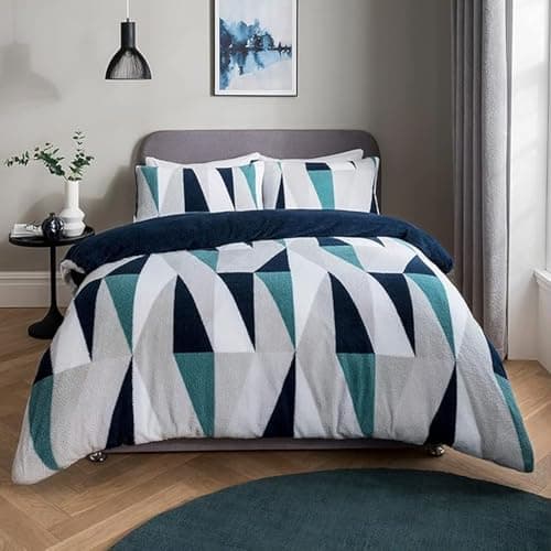Image of Sleepdown Geometric Teddy Fleece Thermal Warm Cosy Super Soft Duvet Cover Quilt Bedding Set with Pillow Cases - Navy - King (220 cm x 230 cm)