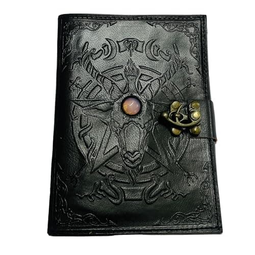 Image of Urban Leather 7 Inch Black Leather Satan Journal with Stone for Men Women, Baphomet Book of Shadows Spells and Magic, Artist Drawing Sketchbook Diary, Unlined White Pages