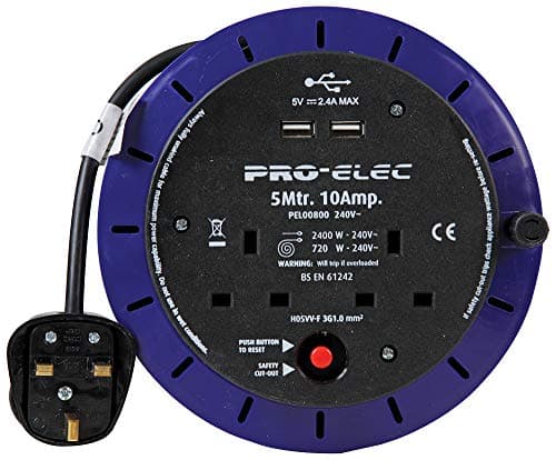 Image of Pro Elec PEL00800 10A 2-Gang Cassette Reel mains Extension with 2x USB Charging Ports, 5 m,Blue
