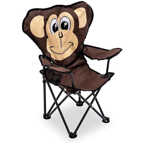 Image of PlumbEZ Quest Kids Animal Camping Chair – Monkey Design – Lightweight Folding Children’s Outdoor Seat with Armrests, Cup Holder & Carry Bag