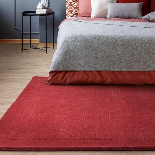 Image of Lord of Rugs Alden Wool Rug for Living Room Dining Bedroom Hand Made Modern Bordered Quality Soft Plain Rug Poppy Red Small 80x150 cm (2'6"x5')