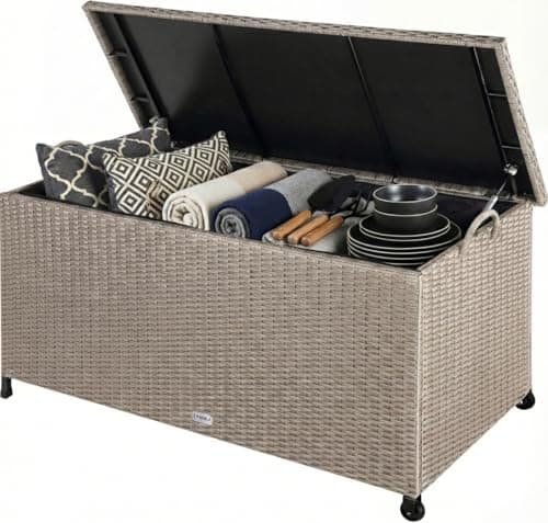 Image of CASARIA® 270 Litre Rattan Garden Storage Box | Storage Boxes with Lids & Wheels | Waterproof UV Resistant | Inner Lining | 117x53x60cm Patio Furniture Cushion Storage Chest with Gas Lift Lid | Cream