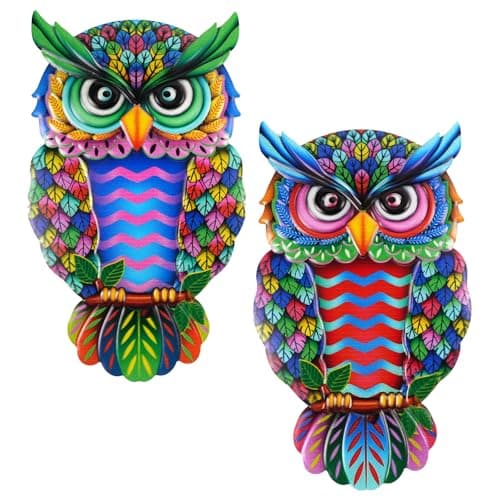 Image of Weysoo 2 Pack Metal Owl Wall Art Decor, Colorful Owl Garden Ornaments, Wrought Iron Wall Hanging Decoration for Garden Fence Patio Porch Yard Indoor Outdoor