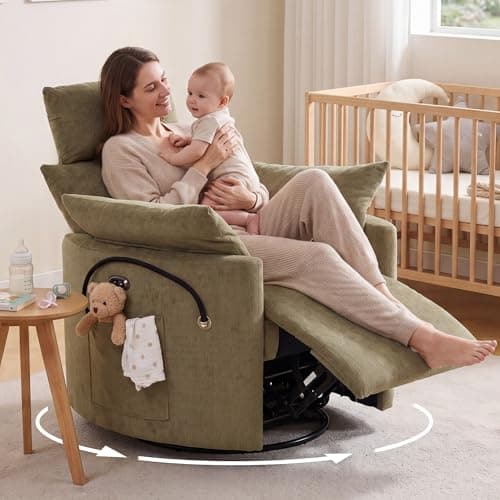 Image of DEKKETO Power Recliner Chair with Adjustable Headrest, Chenille Swivel Rocking Nursing Armchair for Nursery, Lounge Chair with USB Port, Phone Holder, 2 Cushions, 200kg Capacity, Electric, Green
