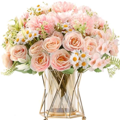 Image of HNVNER 2 Bunches Pink Artificial Silk Flowers, Artificial Faux Peonies Hydrangea Flowers Bouquets for Graves Home Wedding Party Centerpiece Decor