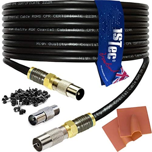 Image of 1STec 15m Shielded Digital TV Male to M/Female Gold Plated F-Connector Cable for FreeView HD Freesat BT YouView Satellite Dish or Rooftop Aerial to Wall Box Plug or Socket Lead (15 Metre, Black)