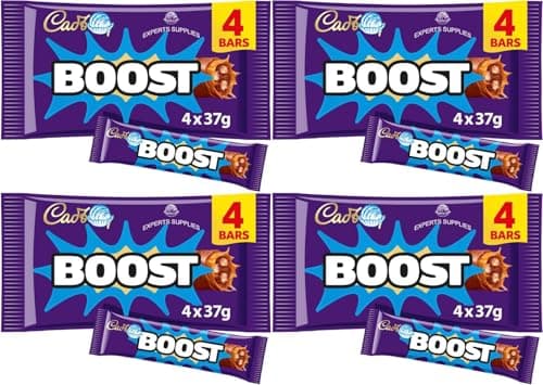 Image of Cad Dairy Milk Bars Multipack Wispa, Caramel, Picnic, Boost, Flake, Fudge, Twirl, Starbar, Milk Chocolate Perfect for Sharing for Christmas & New Year (x4, Boost Bar 4 Pack)