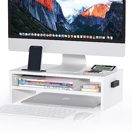 Image of BONTEC Wood Monitor Stand Riser, Desk Monitor Stand with Smartphone Holder, Ergonomic Laptop Stand with Cable Management for Computer, Notebook, iMac, PC, 2 Tiers Black (W420 x D235 x H142mm) White