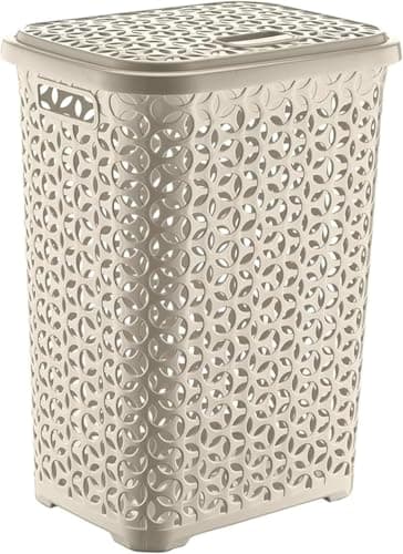 Image of BH | Plastic Laundry Basket With Lid | 60 Liters | CREAM | 1 Pc | Large | Rattan Style | Clothes Storage Washing Bin Basket Hamper for Bathroom Bedroom (Pack of 1) - By BEST HOUSE