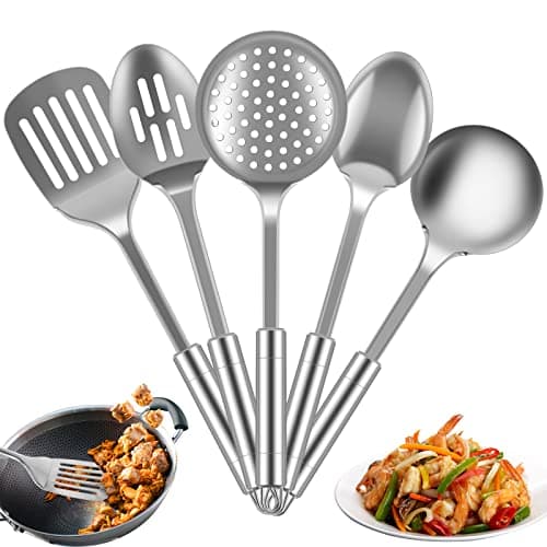 Image of 5Pcs Stainless Steel Kitchen Utensils Set, Heat Resistant Spoons Spatula Set with Hanging Hole, Non-Stick Cooking Tools, Kitchen Tools Gadgets Set for Cooking,Dishwasher Safe (5PCS)