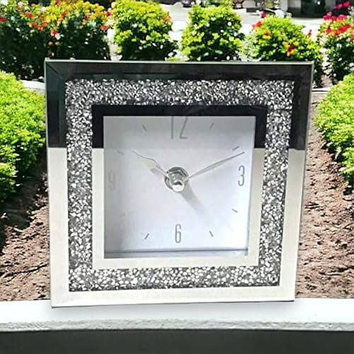 Image of SERENA'S ® Elegant Square Crushed Diamante Mantle Clock with Roman Numerals – Mirrored Glass Design for Stylish Desk or Table Décor – Perfect for Home or Office – 14 cm x 14cm