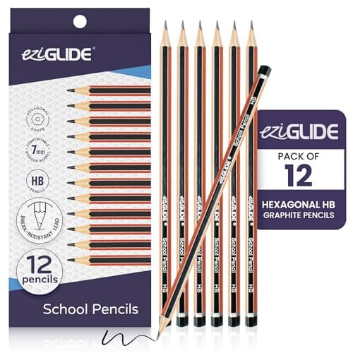 Image of Eziglide HB Pencils, 12 Pack of Hexagonal Graphite Pencils, Break Resistant Super Bonded HB Lead Pencil, Ideal for Drawing and School Essentials, Home Sketching Pencil or Office Writing Pencils