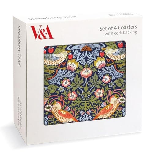 Image of Museums & Galleries Set of 4 Cork Backed Coasters - William Morris Strawberry Thief Design - V&A Statement Coasters for the Home