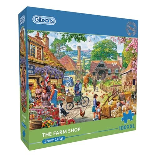 Image of Gibsons The Farm Shop 100XXL Piece Jigsaw Puzzle for Adults – Summer Countryside Scene by Steve Crisp – Extra Large Pieces – Nostalgic British Artwork – Premium Sustainable Puzzle Made in the UK/EU