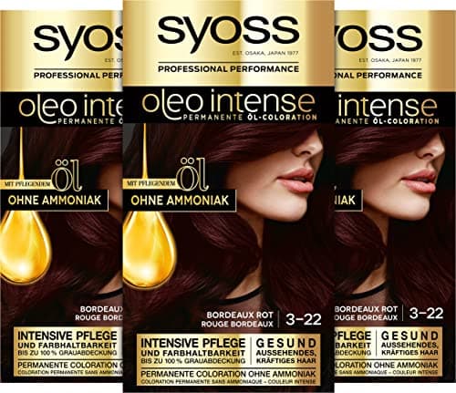 Image of Syoss Oleo Intense Oil Colouration 3-22 Bordeaux Red Level 3 (3 x 115 ml), Permanent Hair Colour with Nourishing, No Ammonia