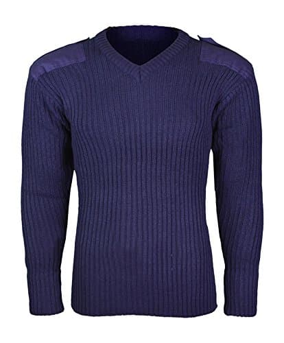 Image of Mens Army Pullover Security Military Jumper Knitted Sweater V Neck With Shoulder Epaulettes And Elbow Patches (X-Large, Navy)