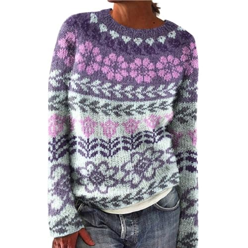 Image of Icelandic Fair Isle Jumpers for Women UK, Loose Long Sleeve Knit Jacquard Pullover Sweater Vintage Fairisle Nordic Ladies Jumper Casual Crew Neck Christmas Stylish Retro Pattern Wool Knitwear