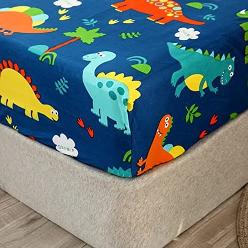 Image of Chickwin Dinosaur Single Bed Fitted Sheet -30cm Deep, Cute Cartoon Animal Fitted Sheets for Kids, Soft Brushed Microfiber Easy Care Fade Resistant Breathable Fitted Sheet (90x200cm)