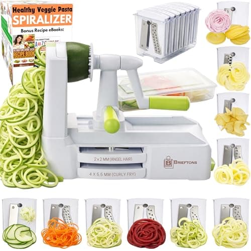 Image of Brieftons 10-Blade Vegetable Spiralizer: Zucchini Spiral Slicer & Veggie Noodle Maker, Japanese Steel Blades, Catch Container, Strong Suction Cup, Blade Caddy, 4 eBooks | Low Carb, Vegan, Gluten-Free