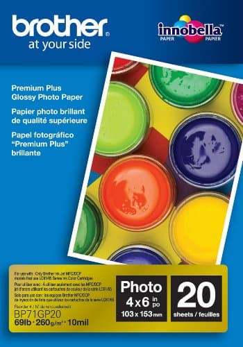 Image of Brother BP71GP20 Photo Paper, 6 Inch x 4 Inch, Premium Plus Glossy, 15 cm (W) x 10 cm (L), 20 Sheets, Brother Genuine Supplies, White
